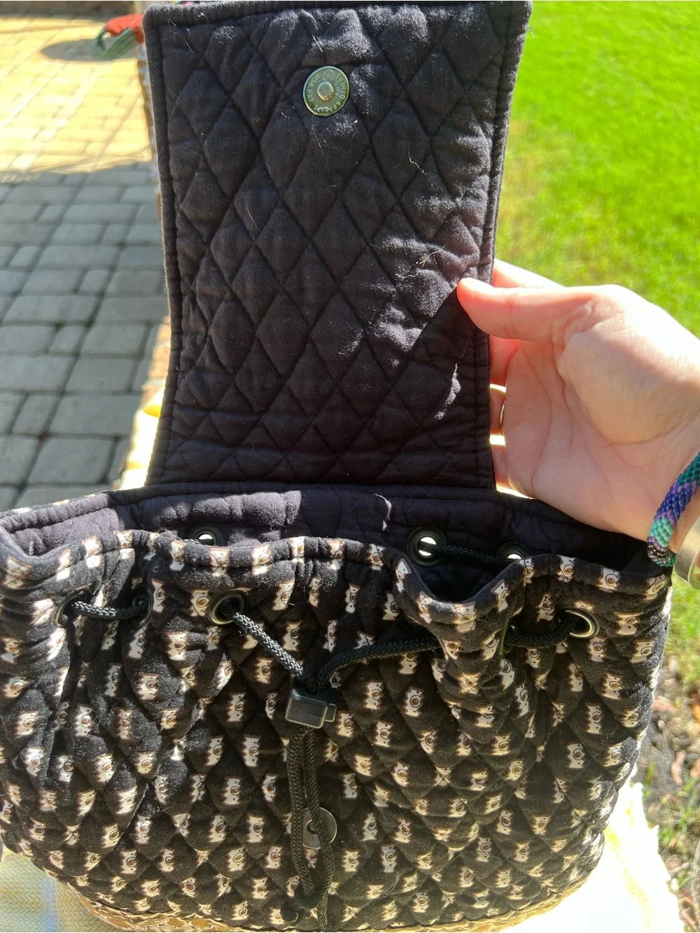 Vera Bradley Quilted Black and Tan Patterned Drawstring Backpack